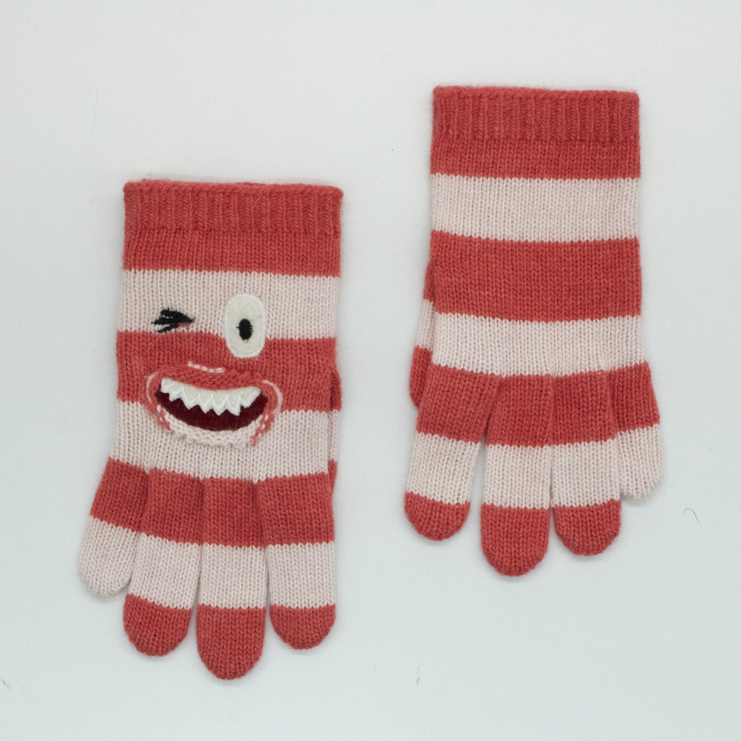 KIDS STRIPED GLOVES WITH SMILEY FACE-RASPBERRY/BABY PINK