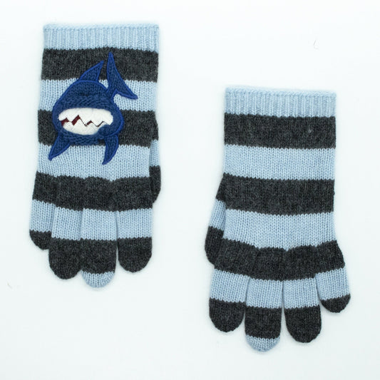 KIDS STRIPED GLOVES WITH SHARK-CHARCOAL/BABY BLUE