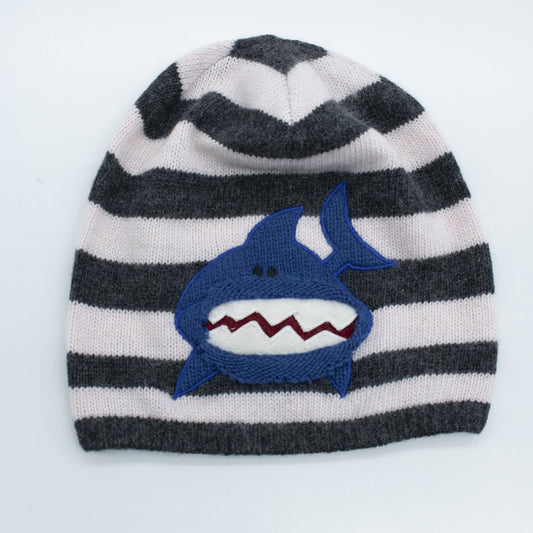 KIDS STRIPED HAT WITH SHARK- CHARCOAL/BABY PINK